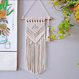 Honeyhandy Cotton Cord Macrame Woven Wall Hanging, with Plastic Non-Trace Wall Hooks, for Nursery and Home Decoration, Floral White, 770x250x21mm