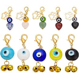 FINGERINSPIRE 10 Pcs 2 Styles Evil Eye Keychain Pendant with Lobster Clasp Colorful Evil Eye Beads Charms with Heart Natural Gemstone & Cat Paw & Bell Pendant Gold Metal Charms for Bag Key Jewelry