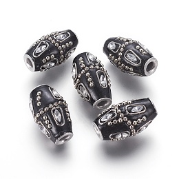 Honeyhandy Handmade Indonesia Beads, with Rhinestone and Brass Findings, Rice, Platinum, Black, 27x16mm, Hole: 4.2mm