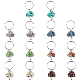 SUPERFINDINGS 14Pcs 7 Styles Tree of Life Keychain Chip Gemstone Keychain Natural Crystal Stone Handmade DIY Keychain Pendant with Stainless Steel Split Key Rings for DIY Lucky Bag Charms Keyring