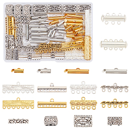 PandaHall Elite 6Pcs Brass Slide Lock Clasps, 40Pcs Iron Slide On End Clasp Tubes, 90Pcs Alloy Links, 20Pcs Tibetan Style Pendants and 10Pcs Bar Spacers, Mixed Color, 20x7mm, Hole: 2mm