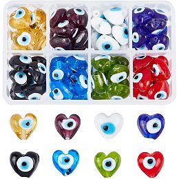 NBEADS 64 Pcs Evil Eye Beads, Heart Shape Evil Eye Charms Lampwork Beads Eye Bracelet Beads for DIY Necklace Bracelets Jewelry Making