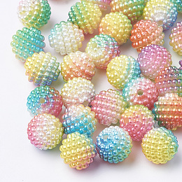 Honeyhandy Imitation Pearl Acrylic Beads, Berry Beads, Combined Beads, Rainbow Gradient Mermaid Pearl Beads, Round, Yellow, 12mm, Hole: 1mm, about 200pcs/bag