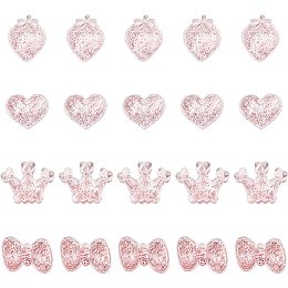 CHGCRAFT 24Pcs 4 Styles Resin Strawberry Crown Bowknot Cabochons with Glitter Powder Cute Transparent Resin Cabochons for Scrapbooking DIY Crafts