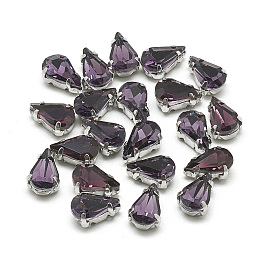 Honeyhandy Sew on Rhinestone, Multi-strand Links, Glass Rhinestone, with Brass Prong Settings, Garments Accessories, Faceted, teardrop, Platinum, Purple, 8x5.5x4mm, Hole: 0.8~1mm