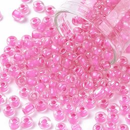 Honeyhandy 6/0 Glass Seed Beads, Transparent Inside Colours Luster, Round Hole, Round, Orchid, 6/0, 4~5x2.5~4.5mm, Hole: 1.2mm, about 4500pcs/bag