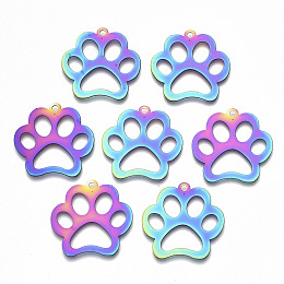 Honeyhandy Ion Plating(IP) 201 Stainless Steel Pet Pendants, Etched Metal Embellishments, Cat Footprint, Rainbow Color, 26x26.5x0.3mm, Hole: 1.8mm