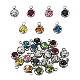 Honeyhandy 20Pcs 303 Stainless Steel Rhinestone Charms, Birthstone Necklace Charms, Flat Round, Stainless Steel Color, Mixed Color, 8.5x6x3mm, Hole: 1.5mm