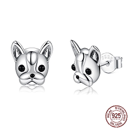 Honeyhandy Anti-Tarnish Rhodium Plated 925 Sterling Silver Stud Earrings, with Cubic Zirconia and Ear Nuts, Dog, Black, Platinum, 9.5x10mm