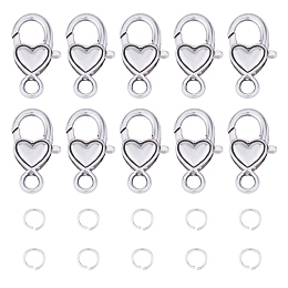 Tibetan Style Heart Alloy Lobster Claw Clasps, Lead Free & Cadmium Free & Nickel Free, with Iron Close but Unsoldered Jump Rings, Antique Silver & Platinum, 80pcs/box