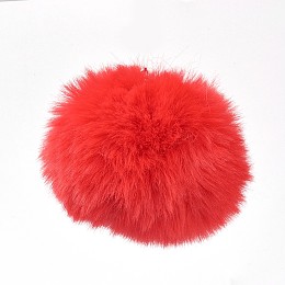 Honeyhandy Handmade Faux Rabbit Fur Pom Pom Ball Covered Pendants, Fuzzy Bunny Hair Balls, with Elastic Fiber, Red, 55~74mm, Hole: 5mm