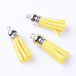 Honeyhandy Faux Suede Tassel Pendant Decorations, with CCB Plastic Cord Ends, Platinum, Yellow, 35~37x10mm, Hole: 1.8mm