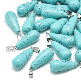 Honeyhandy Dyed Synthetic Turquoise Pendants, with Stainless Steel Snap On Bails, teardrop, 28~30x10~12mm, Hole: 6x4mm