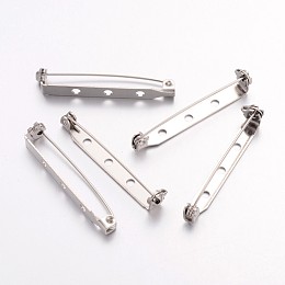 Honeyhandy Iron Brooch Findings, Back Bar Pins, with Three Holes, Platinum, 38x5mm, Hole: 2mm, Pin: 1mm