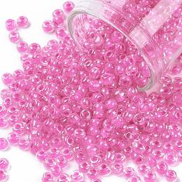 Honeyhandy 8/0 Glass Seed Beads, Transparent Inside Colours Luster, Round Hole, Round, Orchid, 8/0, 3~4x2~3mm, Hole: 0.8mm, about 1666pcs/50g