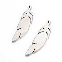 Honeyhandy 304 Stainless Steel Pendants, Feather, Stainless Steel Color, 24x6x1mm, Hole: 1.5mm