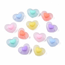 Transparent Acrylic Beads, Frosted, Bead in Bead, Heart, Mixed Color, 13x17x10mm, Hole: 2mm