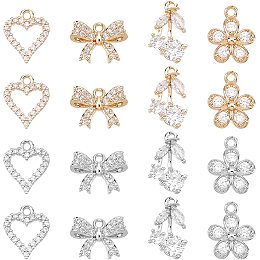 SUPERFINDINGS 16Pcs 4 Styles Cubic Zirconia Pendant Charms 18K Gold Plated Heart Bowknot Flower Cherry Charms Crystal Rhinstone Brass Pendant for Jewelry Making