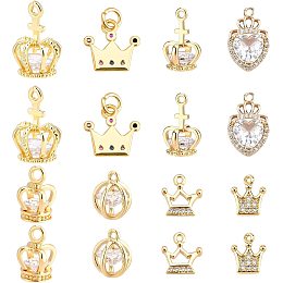 PandaHall Elite 16pcs 14K 18K Zirconia Crown Charms, 8 Styles Queen King Crown Charm Micro Paved CZ Stone Pendant Dainty Charm for Earring Necklace Bracelet DIY Valentine's Day Gifts