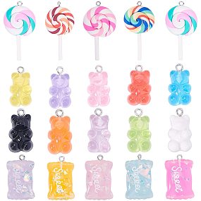 NBEADS 74 Pcs 3 Styles Resin Charms and Polymer Clay Pendants, Bear Pendants Candy Pendants and Lollipop Charms for DIY Jewelry Crafts Making