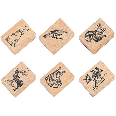 NBEADS 6 Pcs Animal Pattern Wooden Stamps, Rectangle Animal Pattern Printed Ink Stamps Decorative Rubber Stamp Set for DIY Craft, Letters Diary and Craft Scrapbooking, Burly Wood