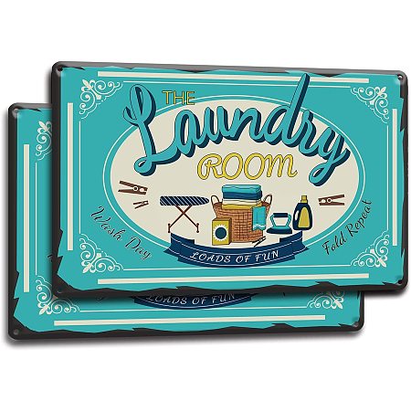 GLOBLELAND 2PCS Laundry Room Vintage Metal Tin Sign Restroom Sign Wash Day Decor Home and Business Plaques Wall Sign 7.8×11.8inch