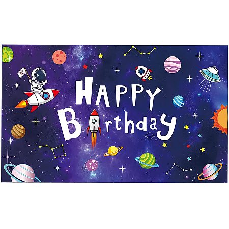 FINGERINSPIRE 71x43 inch Space Birthday Banner with Hanging Rope Outer Space Poster Birthday Party Supplies Dark Violet Rectangle Space Theme Polyester Hanging Banner for Outdoor & Indoor Decor