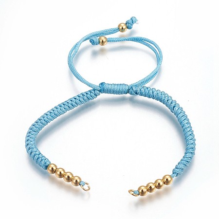 Honeyhandy Nylon Cord Braided Bead Bracelets Making, with Brass Beads, Long-Lasting Plated, Real 24K Gold Plated, Sky Blue, 10-1/4 inch(26cm)~11-5/8 inch(29.6cm)
