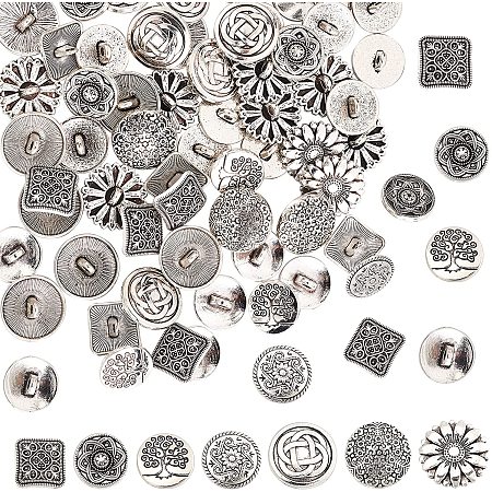 OLYCRAFT 70Pcs Hole Alloy Buttons Antique Silver Flower Tree Metal Button Vintage Pattern Decorative Buttons for Sewing