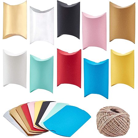 NBEADS 50 Pcs 10 Colors Kraft Paper Pillow Boxes, Pillow Gift Boxes with 1 Roll Hemp Cord for Candy Treat Gift Wrap Party Wedding Favor