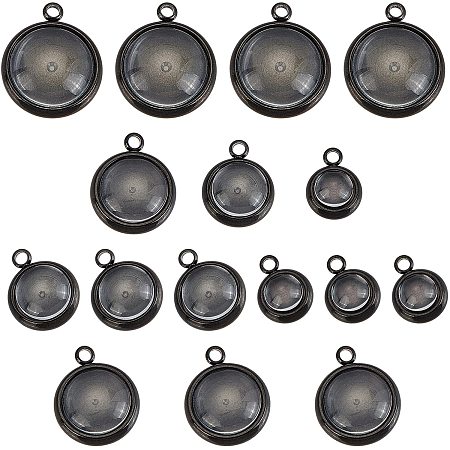 ARRICRAFT 24 Sets 4 Sizes Black Color Round Pendant Cabochon Setting Stainless Steel Plain Edge Blank Bezel Pendant Flat Tray Cabochon Charms with Transparent Glass Cabochons for Jewelry Making