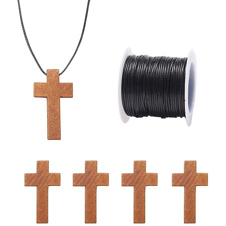 NBEADS 50 PCS Wooden Cross Pendants with 1 Roll Waxed Polyester Cord for DIY Cross Charms Natural Wooden Cross Party Crafts DIY Jewelry Projects