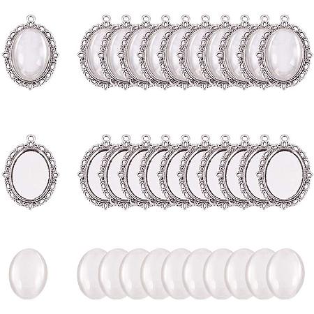 PH PandaHall 60pcs Bezel Pendant Blanks Settings - 30pcs Oval Pendant Trays Bezel Blanks with 30pcs Glass Cabochons Clear Dome for Photo Jewelry Making, Antique Silver, 25x18mm