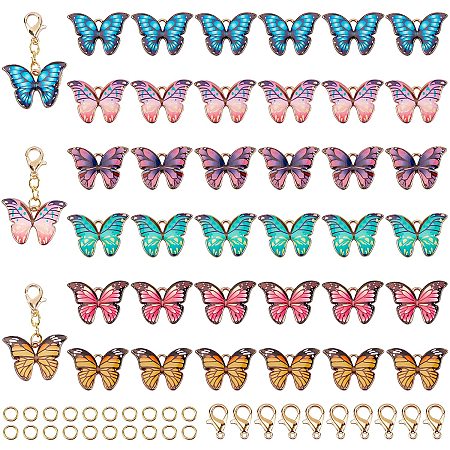SUNNYCLUE 1 Box 36pcs 6 Colors Butterfly Enamel Pendant Charms Alloy Butterfly Charms with Lobster Claw Clasps & Jump Rings for DIY Making Necklace Earrings Bracelet Craft Findings