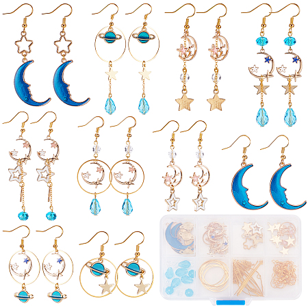 SUNNYCLUE DIY Planet Earring Making Kit, Including Moon & Star Alloy Enamel Pendants & Link Connectors, Brass Earring Hooks & Pendants, Glass Beads, Blue