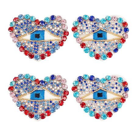AHANDMAKER Polyester Embroidery Clothing Patches, Glass Rhinestone Applique, with Felt Base & Brass Finding, Heart with Evil Eye, Colorful, 53x62x6mm