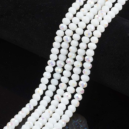 Honeyhandy Electroplate Opaque Solid Color Glass Beads Strands, Half Rainbow Plated, Faceted, Rondelle, White, 6x5mm, Hole: 1mm, about 85~88pcs/strand, 16.1~16.5 inch(41~42cm)