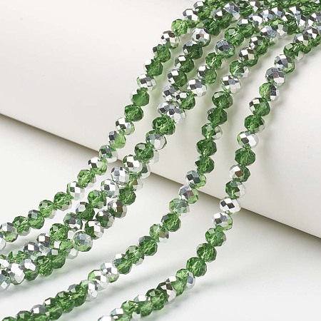 Honeyhandy Electroplate Transparent Glass Beads Strands, Half Silver Plated, Faceted, Rondelle, Lime Green, 4x3mm, Hole: 0.4mm, about 130pcs/strand, 16.54 inch(42cm)