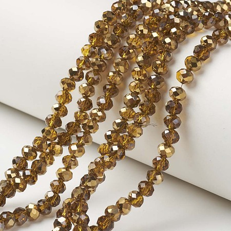 Honeyhandy Electroplate Transparent Glass Beads Strands, Half Golden Plated, Faceted, Rondelle, Dark Goldenrod, 4x3mm, Hole: 0.4mm, about 130pcs/strand, 16.54 inch(42cm)