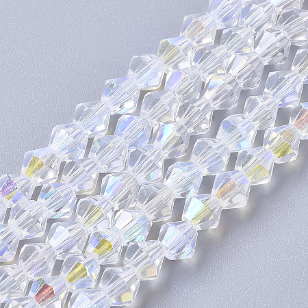 Arricraft Electroplate Glass Beads Strands, AB Color Half Plated, Faceted, Bicone, Clear AB, 4x4mm, Hole: 0.8mm, about 95~97pcs/Strand, 14.96 inches(38 cm)