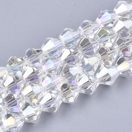 Electroplate Glass Beads Strands, AB Color Plated, Faceted, Bicone, Clear AB, 6x5.5~6mm, Hole: 1mm; about 50pcs/strand, 11.02