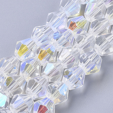 Honeyhandy Electroplate Glass Beads Strands, AB Color Half Plated, Faceted, Bicone, Clear AB, 6x6mm, Hole: 1mm, about 45~47pcs/Strand, 10.83 inch(27.5 cm)