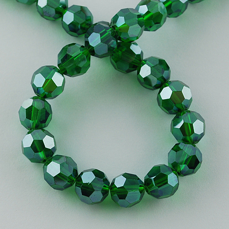 Honeyhandy Electroplate Glass Bead Strands, Pearl Luster Plated, Faceted, Round, Dark Green, 8x7mm