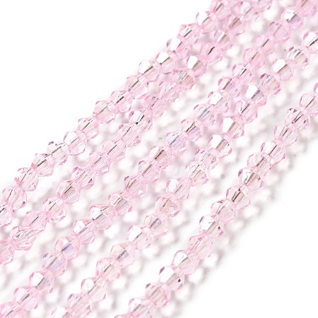 Transparent Electroplate Glass Beads Strands, AB Color Plated, Faceted Bicone, Pearl Pink, 4.5x4mm, Hole: 0.7mm, about 88~92pcs/strand, 135.04~140.55''(343~357cm)