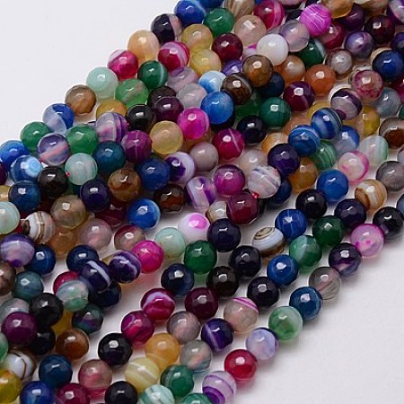 Honeyhandy Natural Striped Agate/Banded Agate Beads Strands, Faceted, Dyed, Round, Mixed Color, 6mm, Hole: 1mm