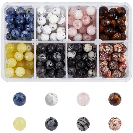NBEADS 200 Pcs Natural Gemstone Beads, 8 Styles Faceted Round Beads Smooth Stone Beads Loose Spacer Beads for Bracelet Necklace Earrings Jewelry Making, Hole: 1mm
