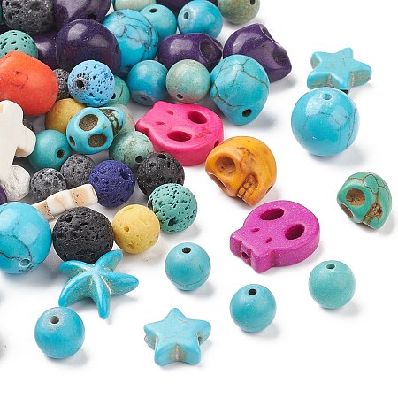 Natural Mixed Beads Sets, Natural Howlite & Lava Rock, Star & Starfish &  Skull & Round, Mixed Shape, Dyed, Mixed Color, 8~15x8~12.5x4~13mm, Hole:  1.2~1.7mm, 150pcs/200g 