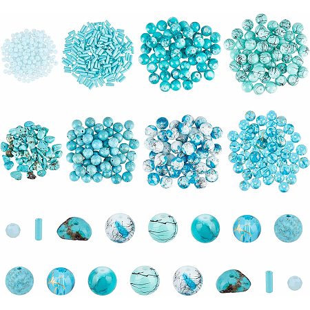 arricraft About 890 Pcs Mixed Glass Beads, 8 Styles Blue Sea Glass Round Loose Beads Turquoise Chip Beads for Bracelet Earring Necklace Jewelry Making