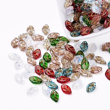 Arricraft Czech Glass Beads, Electroplated/Gold Inlay Color, Leaf, Mixed Color, 12.5x7.5x3.5mm, Hole: 0.8mm, about 237~243pcs/bag