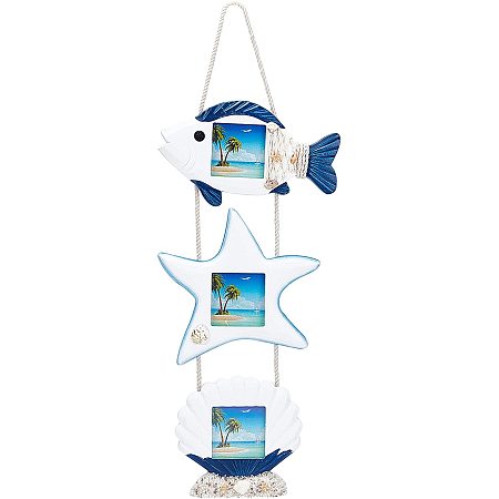 Pandahall Elite Nautical Wall Hanging Ornament Wooden Fish Starfish Shell Collage Hanging Picture Frame 3-Frame Set Vertical Hanging Wood Photo Frame Display for Home Decoration, 6.9x6.9cm/ 2.7x2.7 inch